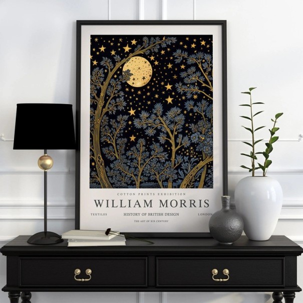 Plakat William Morris nocny botaniczny motyw 20x30 cm poliesterowe płótno czarno-niebiesko-złote wykonanie dekoracja na ścianę 1