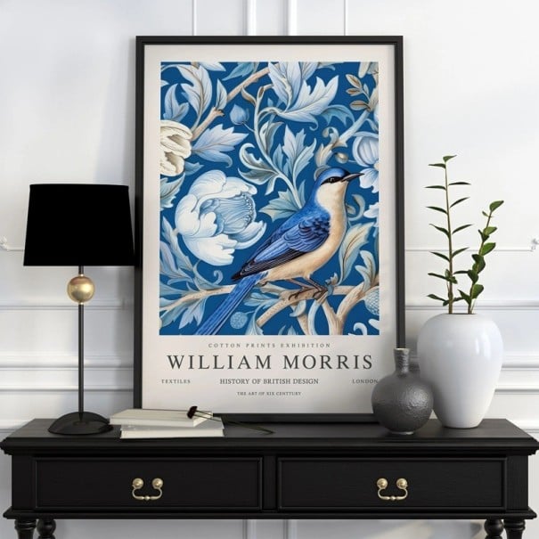 Plakát William Morris pták s květinovým botanickým vzorem 50x70 cm polyesterové plátno modrobílý nástěnná dekorace interiér 1
