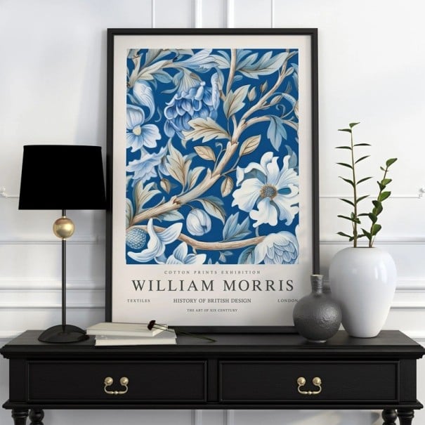 Plakat William Morris z kwiatowym botanicznym wzorem 20x30 cm z poliesterowego płótna niebiesko-biały obraz na ścianę do wnętrza 1