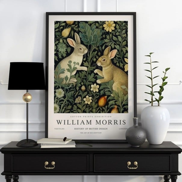 Plakat William Morris z motywem botanicznym królików 30x40 cm płótno poliestrowe czarne z zielonymi liśćmi dekoracja na ścianę 1