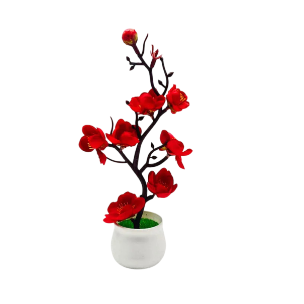 Planta artificial de 21 x 11 cm, árbol floreciente colorido en maceta, flores falsas decorativas, simulación de bonsái, adorno de mesa, decoración del hogar rojo
