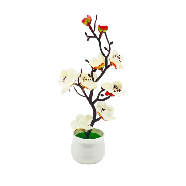 Plantă artificială 21x11cm înflorit copac colorat în ghiveci flori false decorative simulare bonsai ornament de masă decor acasă alb