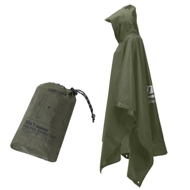 Pláštěnka pončo skládací 215 × 140 cm polyester kompaktní balení 22,5 × 15 × 6 cm turistika kempování venkovní použití armádní zelená