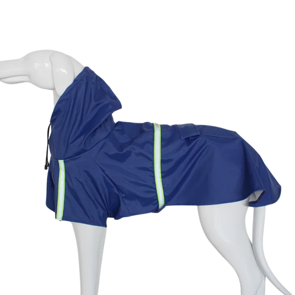 Pláštenka pre psa s kapucňou a reflexnými prvkami Veľkosť XL 56 cm hrudník 40 cm dĺžka Kapsa na suchý zips Vodoodolný obleček pre psov 5–9 kg modrá