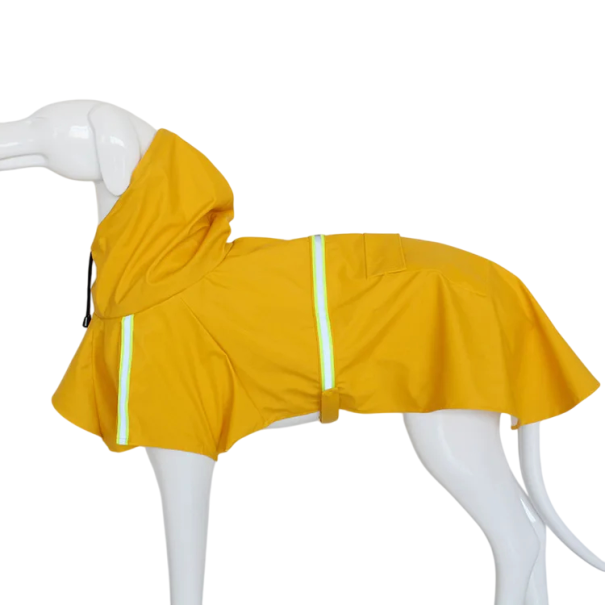 Pláštěnka pro psa s kapucí a reflexními prvky Velikost 5XL 105 cm hrudník 85 cm délka Kapsa na suchý zip Voděodolný obleček pro psy 30–50 kg žlutá
