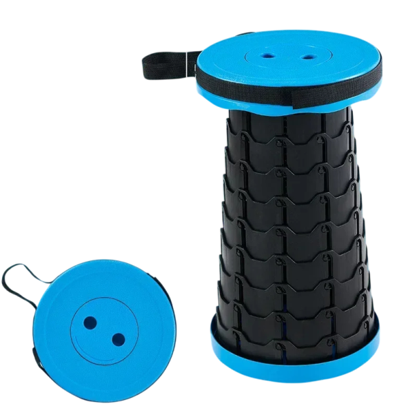 Plastfällbar teleskopisk stol med en höjd på upp till 45 cm 25 x 6 cm Bärbar justerbar pall med rem Hållbar campingstol blå