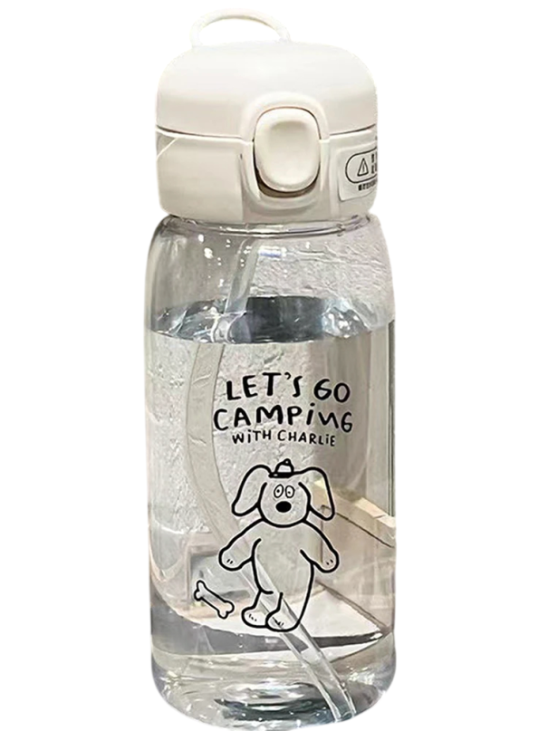 Plastic Drinking Bottle with Straw and Dog Motif 600 ml Transparent Plastic Beverage Bottle with Straw for Water, Tea and Cold Drinks 1