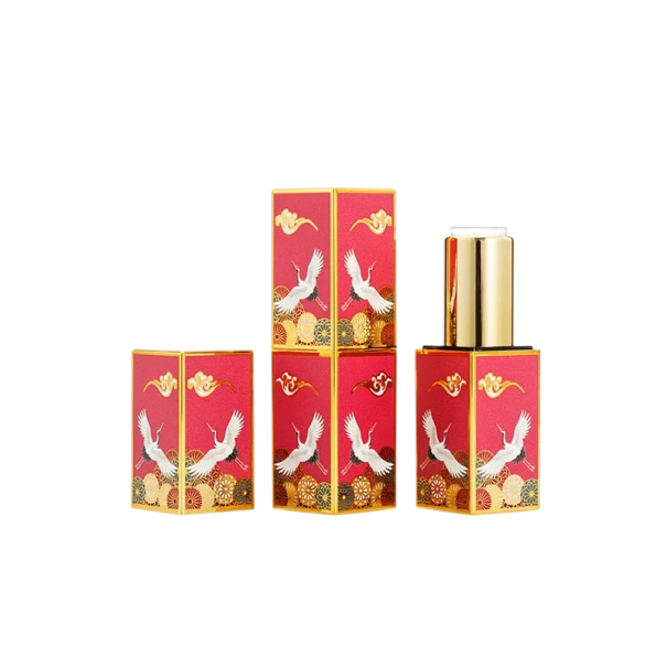 Plastic Lipstick Case with Crane Motif 22 × 74 mm Decorative Design Red Gold Colour for Storing and Carrying Lipstick 1