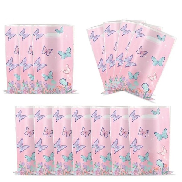 Plastiktüten mit Schmetterlingsmotiv Set 10 Stück Plastiktüten rosa mit Ausschnitt zum Halten für kleine Geschenke und Partyverpackungen 1