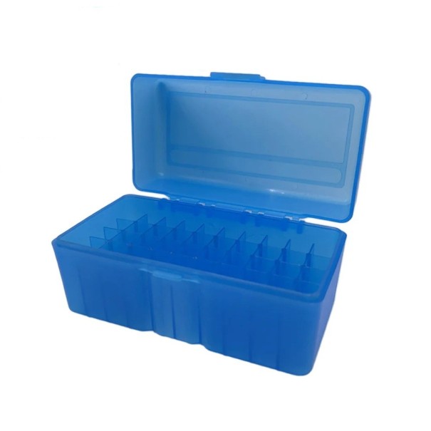 Plastová krabička na munici s přihrádkami kapacita 50 ks 16,1x8,4x8,9 cm polypropylenový box pro organizaci střeliva modrá