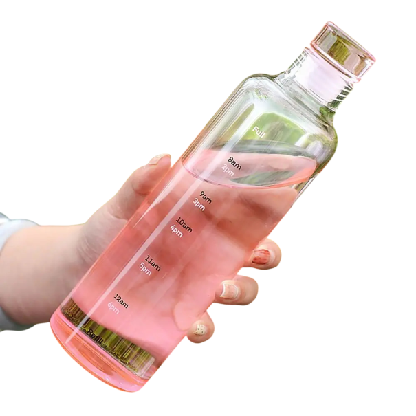 Plastová láhev na vodu s označením času pití 750 ml Průhledná láhev na nápoje z plastu pro sledování pitného režimu během dne růžová