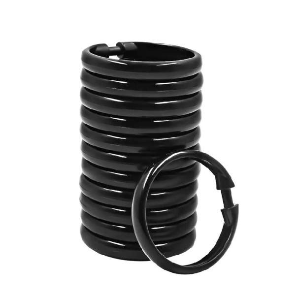 Plastové háčky na sprchový závěs otevírací sada 12 ks 6 x 6 cm plastové kroužky pro zavěšení sprchového závěsu do koupelny černá