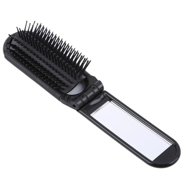 Plastový skládací hřeben se zrcátkem 11–20 x 3,5 cm Cestovní hřeben na vlasy a make-up Masážní kulaté zuby Kompaktní design černá