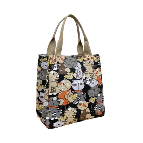 Plátěna taška s potiskem koček 24 x 26 x 14 cm Nákupní taška na zip Termotaška na oběd Praktická kabelka s kreslenými motivy Znovupoužitelná eco taška černá
