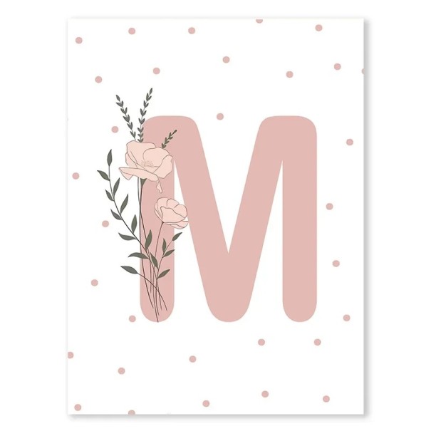 Plátenný plagát 21 x 30 cm Kvetinová iniciála „M“ Ružový obraz bez rámu Jemná nástenná dekorácia do detskej a dievčenskej izby 1