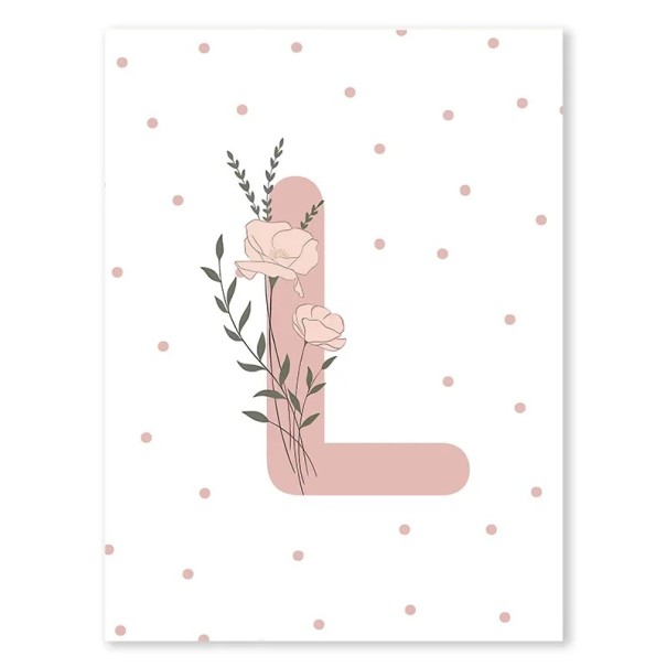 Plátenný plagát 21 x 30 cm Ružová iniciála „L“ s kvetinami Moderný obraz na stenu bez rámu Dekorácia do detskej a dievčenskej izby 1