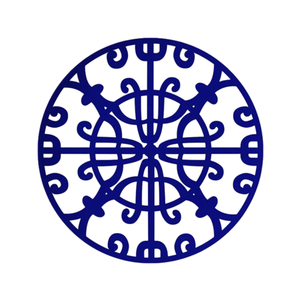 Plato cerámico plano redondo con motivo ornamental simétrico radial de 30,48 cm, plato grande para servir alimentos azul