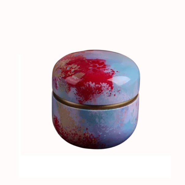 Plechová dvojitá krabička 8,5 × 8,5 cm modro červený abstraktní efekt se zlatým pruhem dóza s víkem na šperky a drobnosti 1