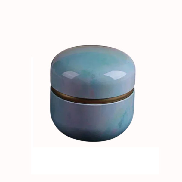 Plechová dvojitá krabička 8,5 × 8,5 cm modro zelený mramorový efekt se zlatým pruhem dóza s víkem na šperky a drobnosti 1