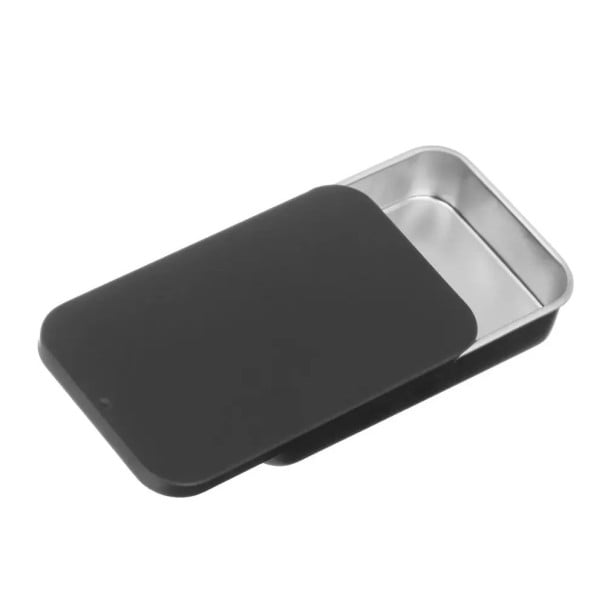 Plechová krabička na šperky a drobnosti 80 × 50 × 15 mm kovová dóza s posuvným víkem balení na léky bonbony černá