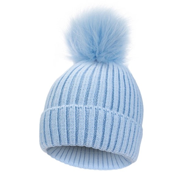 Pletená dětská čepice 1-3 roky Obvod až 60 cm Žebrovaná pružná Velká bambule Polyester Zimní čepička pro batolata modrá