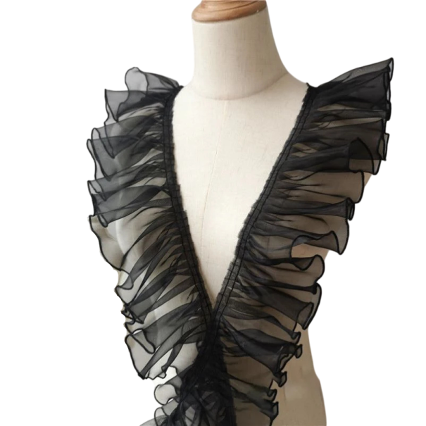 Plissierte Volantstoff mit Stickerei 91 cm Polyester Dekorative Volantborte Zum Nähen von Kleidung und Basteln schwarz