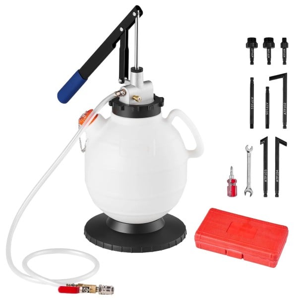 Plnicí zařízení pro převodovou kapalinu s ručním pístem 7,5 l HDPE bílo-černo-modré s hadicí pro manuální doplňování kapalin 1