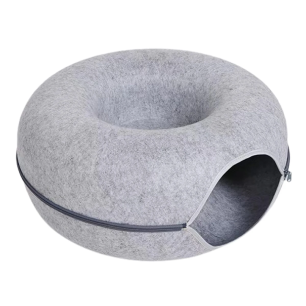 Plstený pelíšok pre mačky 2v1 v tvare donutu Priemer 50 cm Výška 20 cm Odnímateľný dizajn Zateplený pelíšok Pohodlné spanie Mačací domček svetlo sivá