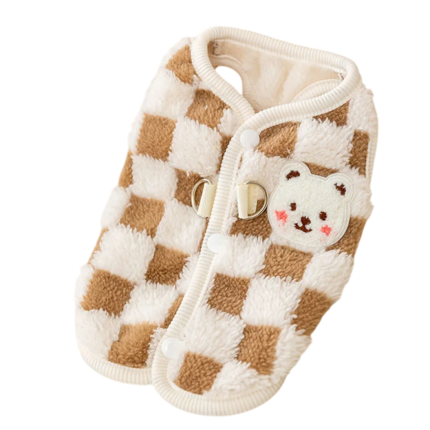 Pluche geruite jas met knoopsluiting en gesp voor katten van 2 - 3 kg Warme winterjas Comfortabele snit Leuke kleding voor katten Warm materiaal bruin