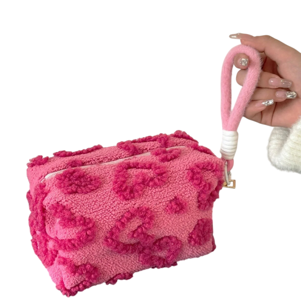 Pluche reis cosmetica tas 18x9x9 cm Zachte clutch met handvat Schattige organizer met liefdeprint Opberg etui Polyester donkerroze