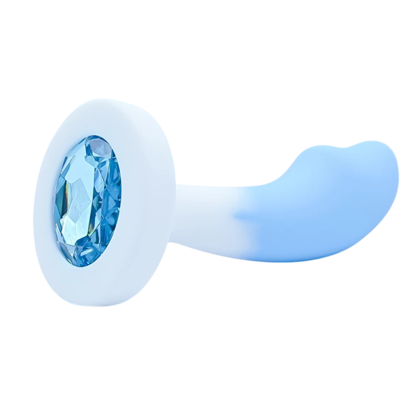 Plug anal din silicon cu piatra colorata, forma penis, marimea M, 4,3 x 2,6 cm, lungime totala 9,5 cm, ambalaj discret albastru