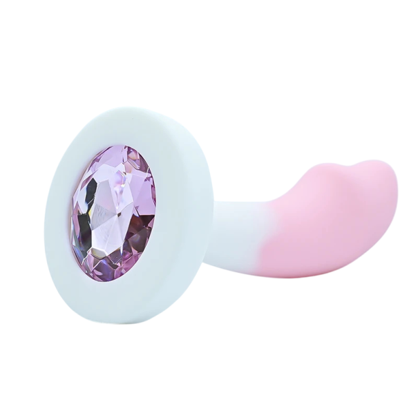 Plug anal din silicon cu piatra colorata, forma penis, marimea S, 3,6 x 2,2 cm, lungime totala 8,2 cm, ambalaj discret roz