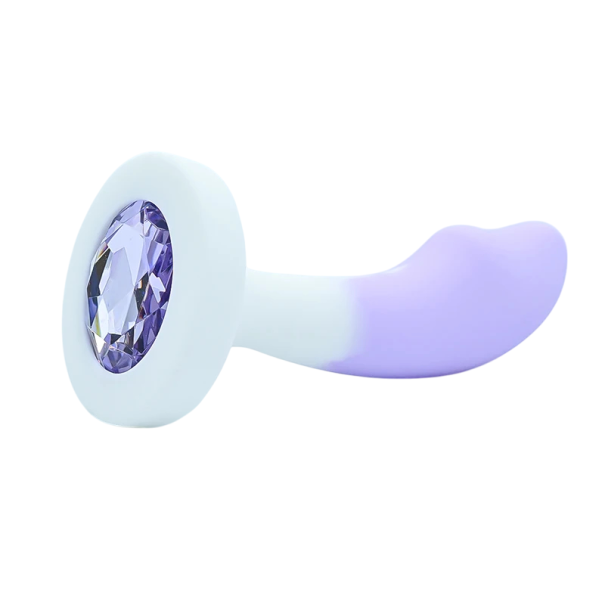 Plug anal em silicone com pedra colorida em forma de pénis tamanho S 3,6 x 2,2 cm comprimento total 8,2 cm embalagem discreta roxo