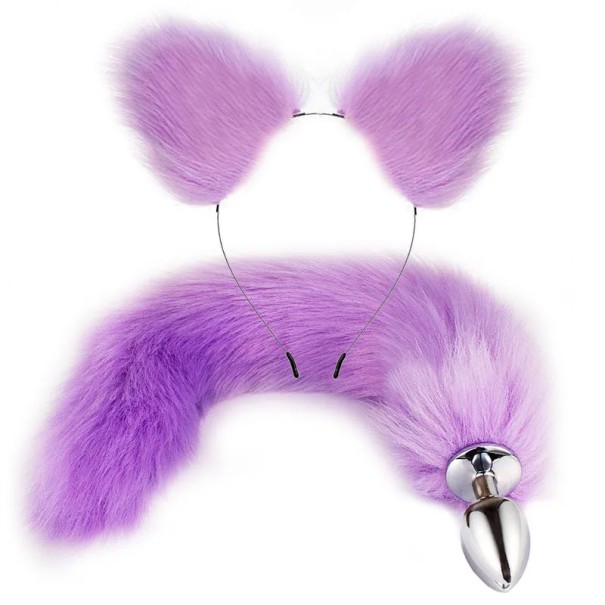Plug anal metalic cu coada de vulpe colorata si bentita cu urechi suprafata neteda design ergonomic ambalaj discret violet