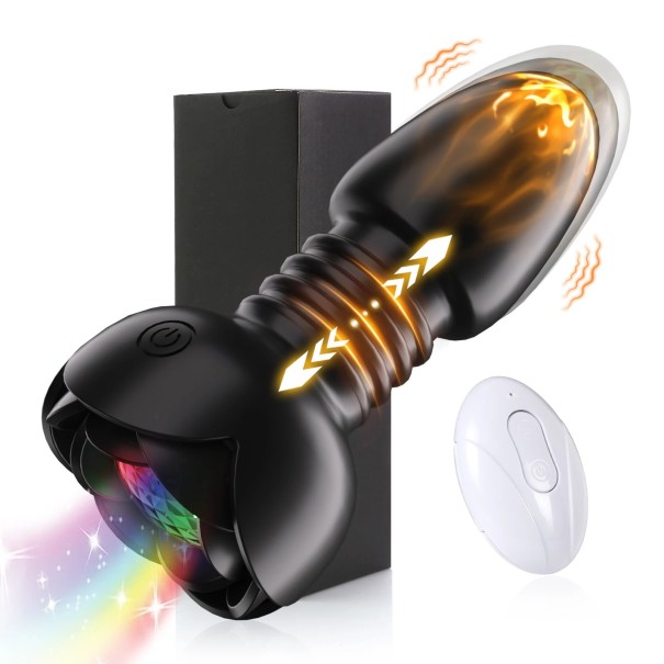 Plug anal vibrador de silicona en forma de cohete con control remoto, parte móvil y reacción a sonidos ambientales. Embalaje discreto. negro