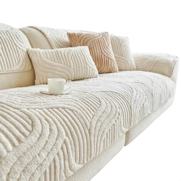 Plüsch Wellenbezug für Sofa Rutschfeste Unterseite 90 x 70 cm Weicher Plüsch mit Wellenreliefmuster Schutz für Sofa und Sessel creme