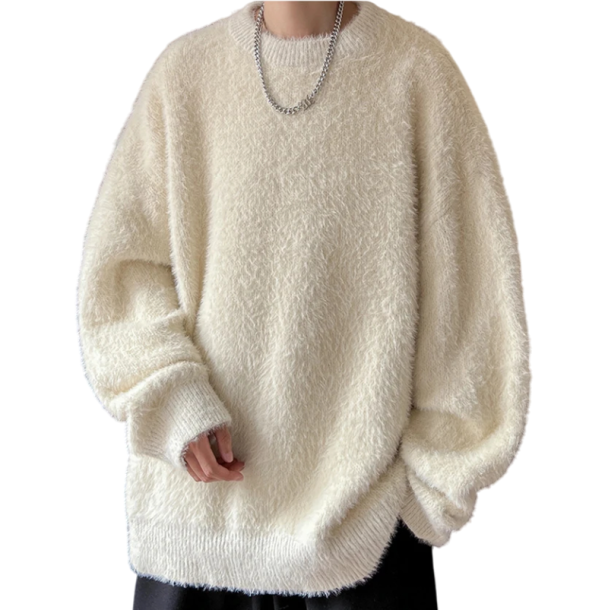 Plüschiger Herrenpullover mit Rundhalsausschnitt Einfarbiger lockerer warmer Strickpullover Stilvoller Herbst-Winter-Pullover Acryl Polyester Nylon Viskose Verschiedene Farben weiß XS