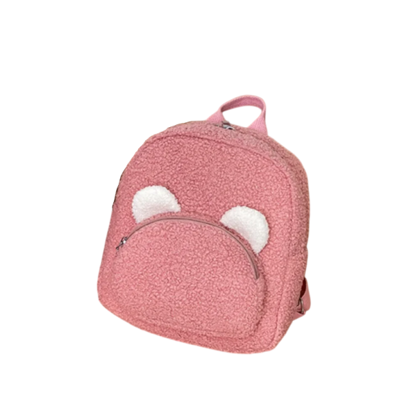 Pluszowy mini plecak 27 x 23 x 10 cm z uszami misia Przednia kieszeń na zamek Uroczy plecak dziecięcy Miękki plecak na wycieczki i do przedszkola ciemny róż