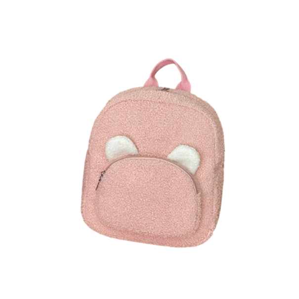 Plys mini rygsæk 27 x 23 x 10 cm med bjørneører Lynlåslomme foran Sød børnerygsæk Blød rygsæk til ture og børnehave lyserosa
