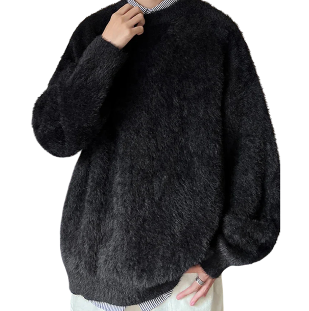 Plyšový pánský svetr s výstřihem do O Jednobarevný volný teplý pletený svetr Stylový podzimní zimní svetr Akryl Polyester Nylon Viskóza černá M