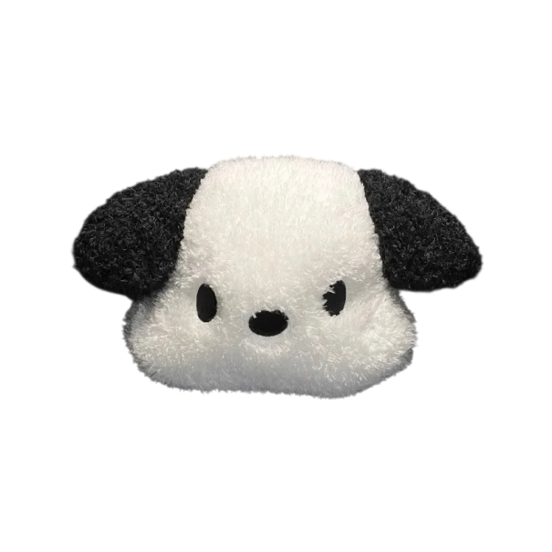 Plyšový polštář na opěrku hlavy do auta štěně design cca 20 × 24 cm měkký pohodlný černo bílý doplněk interiéru 1