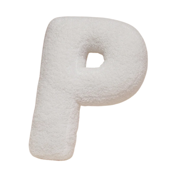 Plyšový polštář písmeno P 40 cm měkký plyš PP bavlna bílý dekorační polštář do interiéru na postel i gauč 1