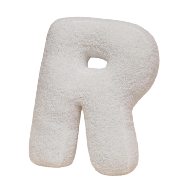 Plyšový polštář písmeno R 40 cm měkký plyš PP bavlna bílý dekorační polštář do interiéru na postel i gauč 1