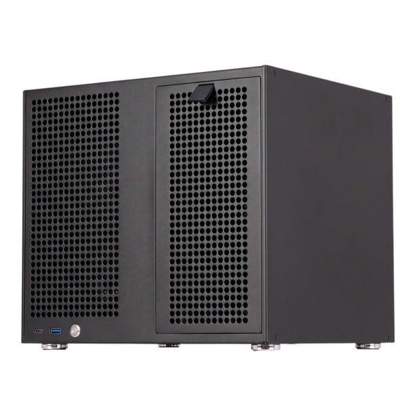 Počítačová skříň NAS 30 x 27 x 27 cm s 8 pozicemi pro disky 3,5" hot-swap a SATA backplanem pro základní desku MATX i ITX a zdroj ATX černá