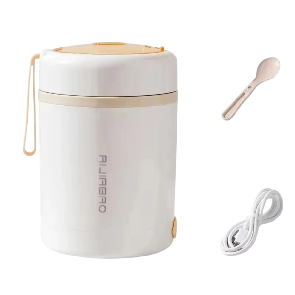 Podgrzewacz do żywności ze stali nierdzewnej 600 ml, 5 V/12 V/24 V, USB, elektryczny, przenośny pojemnik na lunch, podgrzewacz piknikowy, 10 W, kompaktowy pojemnik z pokrywką biały