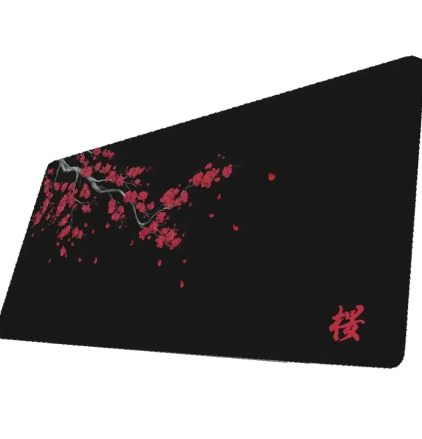 Podložka pod myš a klávesnici 400 x 700 x 2 mm velká podložka na stůl černá s větví a červenými květy pro počítač notebook i kancelář 1