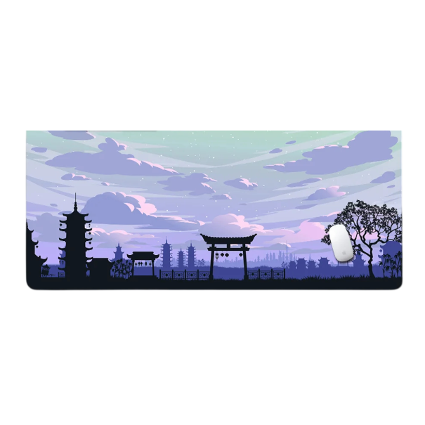Podložka pod myš a klávesnici 400 x 900 x 3 mm s japonským motivem domků s mraky a přírodou Velká stolní herní podložka na hraní i práci fialová
