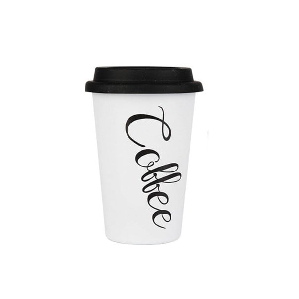 Podróżny kubek na kawę 350 ml ze stali nierdzewnej Silikonowa pokrywka Dekoracyjny napis z motywem kawy Wymiary 12,5 x 8,8 cm biały