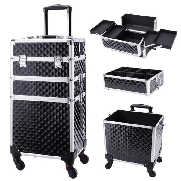 Pojazdny kuferek do makijażu 3 w 1 na kółkach 34 x 24 x 41 cm Odłączany zamykany kuferek kosmetyczny PVC Profesjonalny organizer czarny