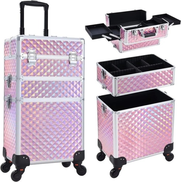 Pojízdný make-up kufřík 3 v 1 na kolečkách 34 x 24 x 41 cm Odnímatelný uzamykatelný kosmetický kufr PVC Profesionální organizér na kosmetiku růžová
